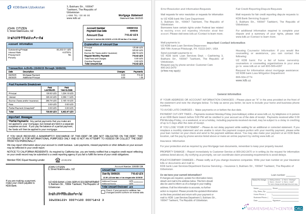 Download Uzbekistani KDB Bank mortgage statement in Word and PDF formats Photoshop template
